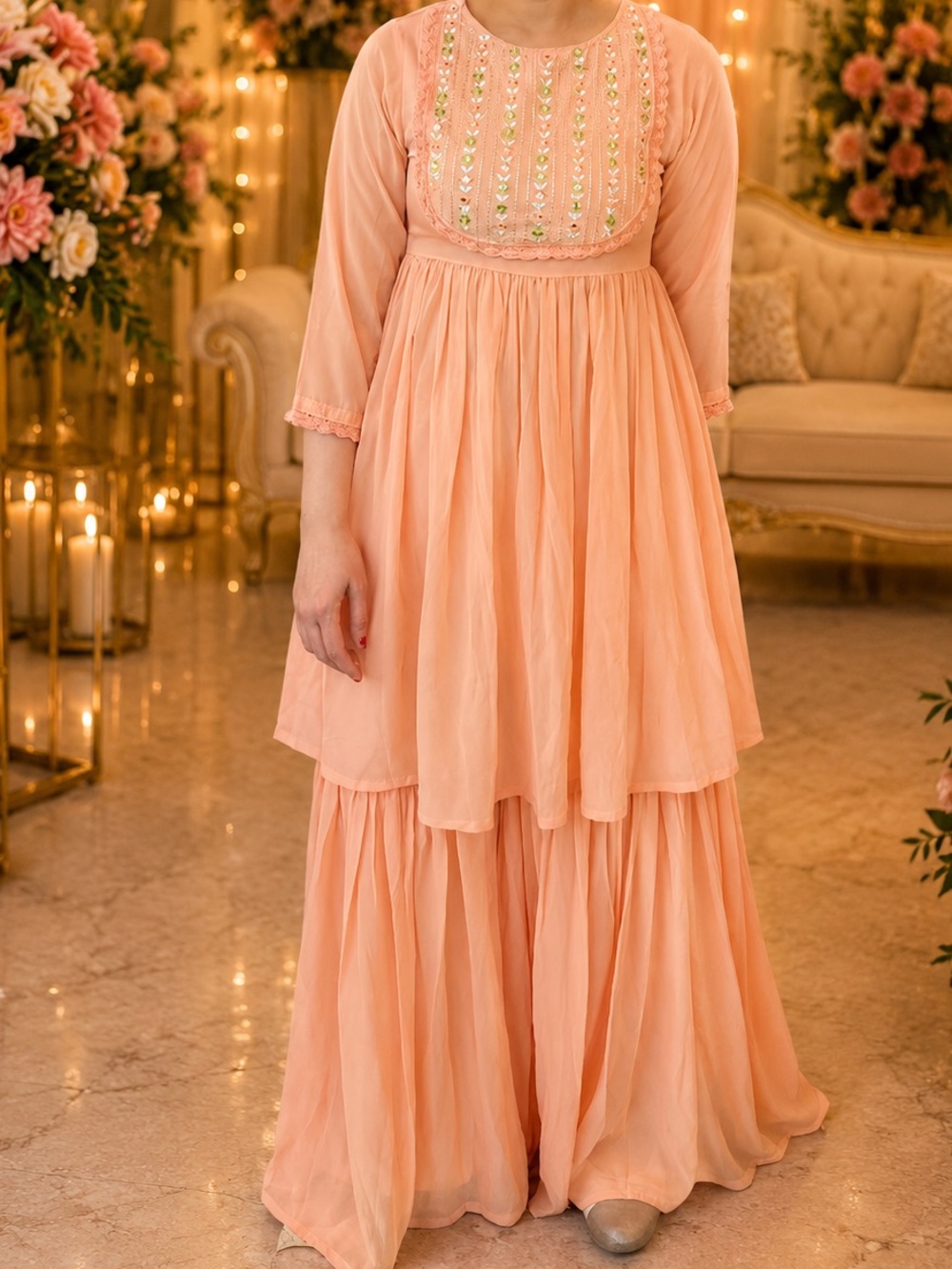 Peach Embroidered Kurta sharara Set
